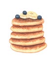 Watercolor pancakes with blueberries and bananas. Can be used for menu, banner, cards, invitations etc.