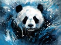 Watercolor panda illustration on blue background. Panda bear aquarelle illustrations ib blue colors for printed production of