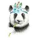 Watercolor panda illustration. Bohemian cute animal. Boho style.