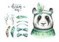 Watercolor panda illustration. Bohemian cute animal. Boho style.