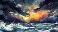 Watercolor panorama of a dramatic sunset over churning ocean waves, where dark clouds part to reveal a fiery sky Royalty Free Stock Photo