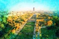 Watercolor of the panorama of a part of the city of Paris seen from the Eiffel