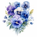 Watercolor Pansy Bouquet Clipart - Dark White And Light Blue Floral Arrangement Royalty Free Stock Photo