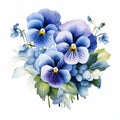 Watercolor Pansy Bouquet: Delicate Realism In Dark Violet And Light Blue Royalty Free Stock Photo