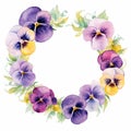 Watercolor Pansy Flower Wreath Vector Illustration