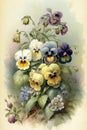 Watercolor pansy flowers. Garden viola with leaves in blossom. Generative AI Royalty Free Stock Photo