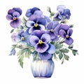 Watercolor Pansy Vase: Purple Flowers In Periwinkle Blue Hues Royalty Free Stock Photo