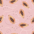 Watercolor papaya fruit isolated on pink background. Handwork exotic summer draw. Hello my style. Seamless pattern