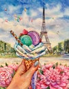 Watercolor Paris, France. Ice cream and macaroons. Design element.