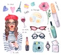 Watercolor Paris set. Hand drawn elements of french culture Royalty Free Stock Photo