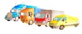 Watercolor park of trucks, lorries, van of different colors, truck models and designs stand side by side on a white background Royalty Free Stock Photo