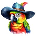 watercolor parrot with a colorful cowboy hat. AI-Generated.