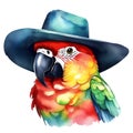 watercolor parrot with a colorful cowboy hat. AI-Generated.