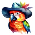 watercolor parrot with a colorful cowboy hat. AI-Generated.