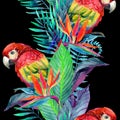 Watercolor parrots with tropical flowers seamless pattern Royalty Free Stock Photo