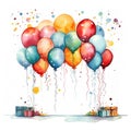 Watercolor party decorations and balloons. Generative AI