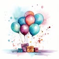 Watercolor party decorations and balloons. Generative AI