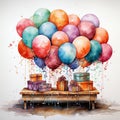 Watercolor party decorations and balloons. Generative AI