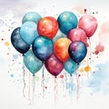 Watercolor party decorations and balloons. Generative AI