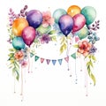 Watercolor party decorations and balloons. Generative AI