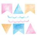 Watercolor party festoons, flags, wave. Hand drawn clipart. Illustration set for birthday decorations, greeting cards.