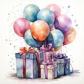 Watercolor party illustration with balloons and present boxes. Generative AI