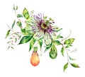 Watercolor Passiflora greeting card, flowers, leaves. Vintage floral