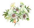 Watercolor Passiflora and white parrot greeting card, flowers, leaves
