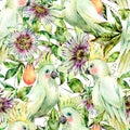 Watercolor Passiflora and white parrot seamless pattern