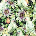 Watercolor Passiflora and white parrot seamless pattern