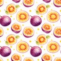 Watercolor Passion Fruit Seamless Pattern, Aquarelle Ripe Passiflora, Creative Watercolor Maracuya Tile