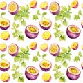 Watercolor Passion Fruit Seamless Pattern, Aquarelle Ripe Passiflora, Creative Watercolor Maracuya Tile