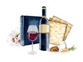 Watercolor Passover food and symbols for greetings, social media posts with wine, matzah, Haggadah book, spring flowers