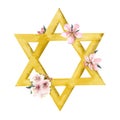 Watercolor Passover greeting card template with gold star of David and almond flowers illustration isolated on white Royalty Free Stock Photo