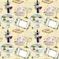 Watercolor Passover seamless pattern with symbols, flowers, red wine, menorah, matzah, seder plate on light yellow