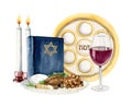 Watercolor Passover seder composition with traditional meal, red wine glass, Haggadah, candles. Jewish illustration