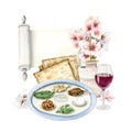 Watercolor Passover seder plate with traditional meal, wine glass, Haggadah scroll and almond flowers bouquet in vase