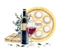 Watercolor Passover symbols for greetings, card, invitation, social media posts , wine, matzah, seder plate, eucalyptus