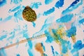 Watercolor pastel blue gold spots sparkling vivid forms waxy background Royalty Free Stock Photo