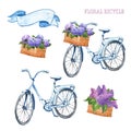 Watercolor pastel blue vintage bicycle set. Hand drawn beach cruiser with basket and purple lilac and hydrangea flowers, isolated Royalty Free Stock Photo