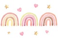 Watercolor pastel color rainbows set with hearts and stars isolated on white background Royalty Free Stock Photo