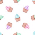 Watercolor pastel cupcakes seamless pattern on white background