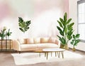 Watercolor of Pastel living room with beige luxury coffee