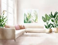 Watercolor of Pastel living room with beige luxury coffee