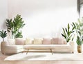 Watercolor of Pastel living room with beige luxury coffee