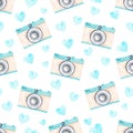 Watercolor pastel pink blue vintage retro camera and heart clipart seamless pattern. Handmade digital paper background
