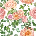 Watercolor pastel pink peonies and roses seamless pattern. Summer botanical print with hand painted elegance flowers and foliage Royalty Free Stock Photo