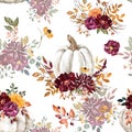 Watercolor pastel pumpkin arrangement and jewel toned flowers seamless pattern. Autumn botanical print Royalty Free Stock Photo