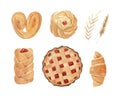Watercolor pastry illustration - bright and fresh hand painted croissant, very pie, bun.