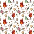 Watercolor pastry seamless pattern. Hand painted mulled wine, lollipop, cookies, spice, juniper and snowberry isolated